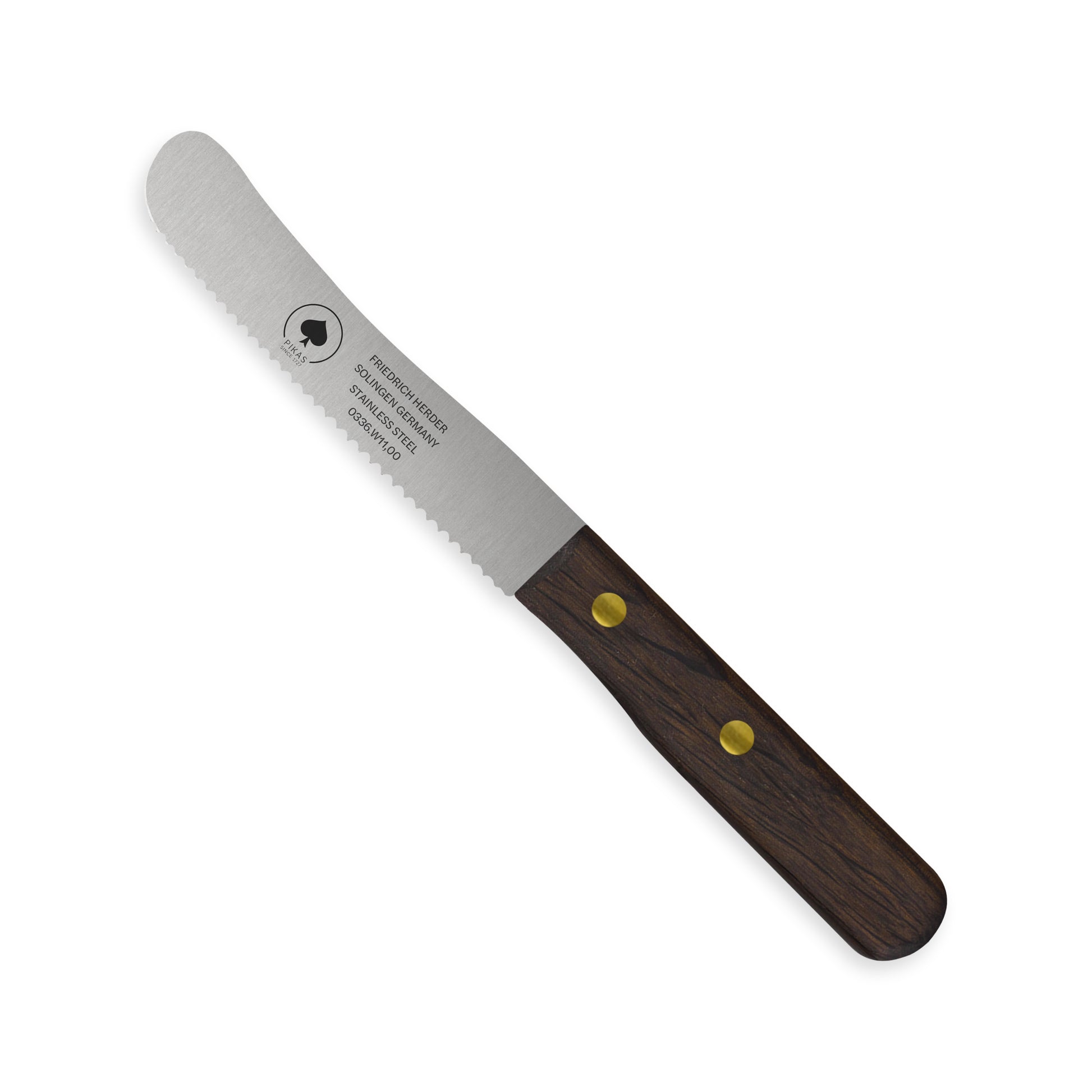 Frühstücksmesser Buckelsmesser aus Solingen mit Räuchereiche Holzgriff und Wellenschliff – traditionelles Solingen Messer für Brot und Frühstück, 11 cm Klinge (Variante 2)