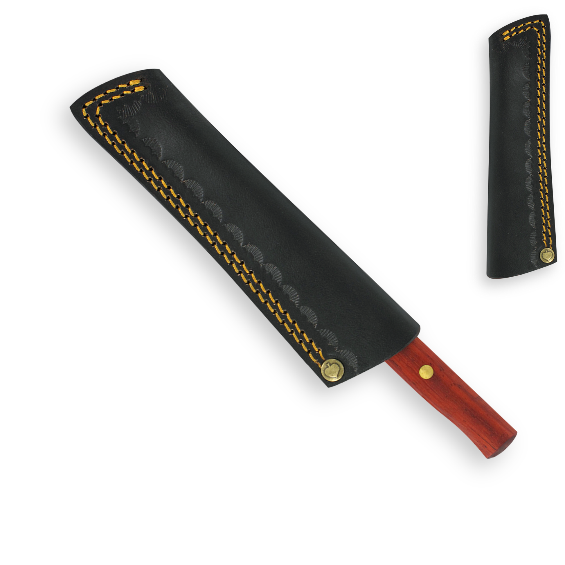  Gemüsemesser Lederscheide schwarzem Echtleder mit gelber Ziernaht – ideale Aufbewahrung für scharfe Küchenmesser. Schützt Klinge und Griff zuverlässig, handgefertigt in Solingen für langlebige Qualität und stilvolles Design.