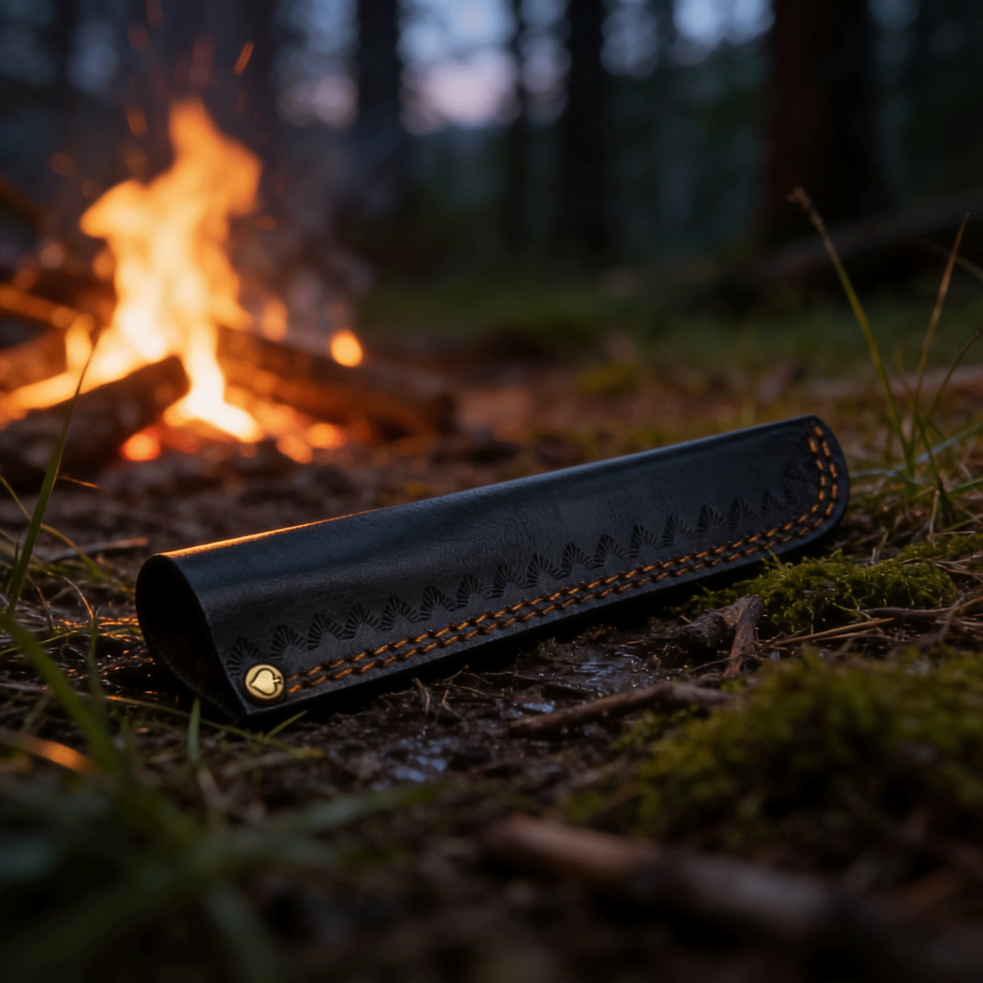 Schwarze Lederscheide als hochwertige Lederhülle und Messerverpackung, stimmungsvoll im Wald vor einem Lagerfeuer fotografiert.