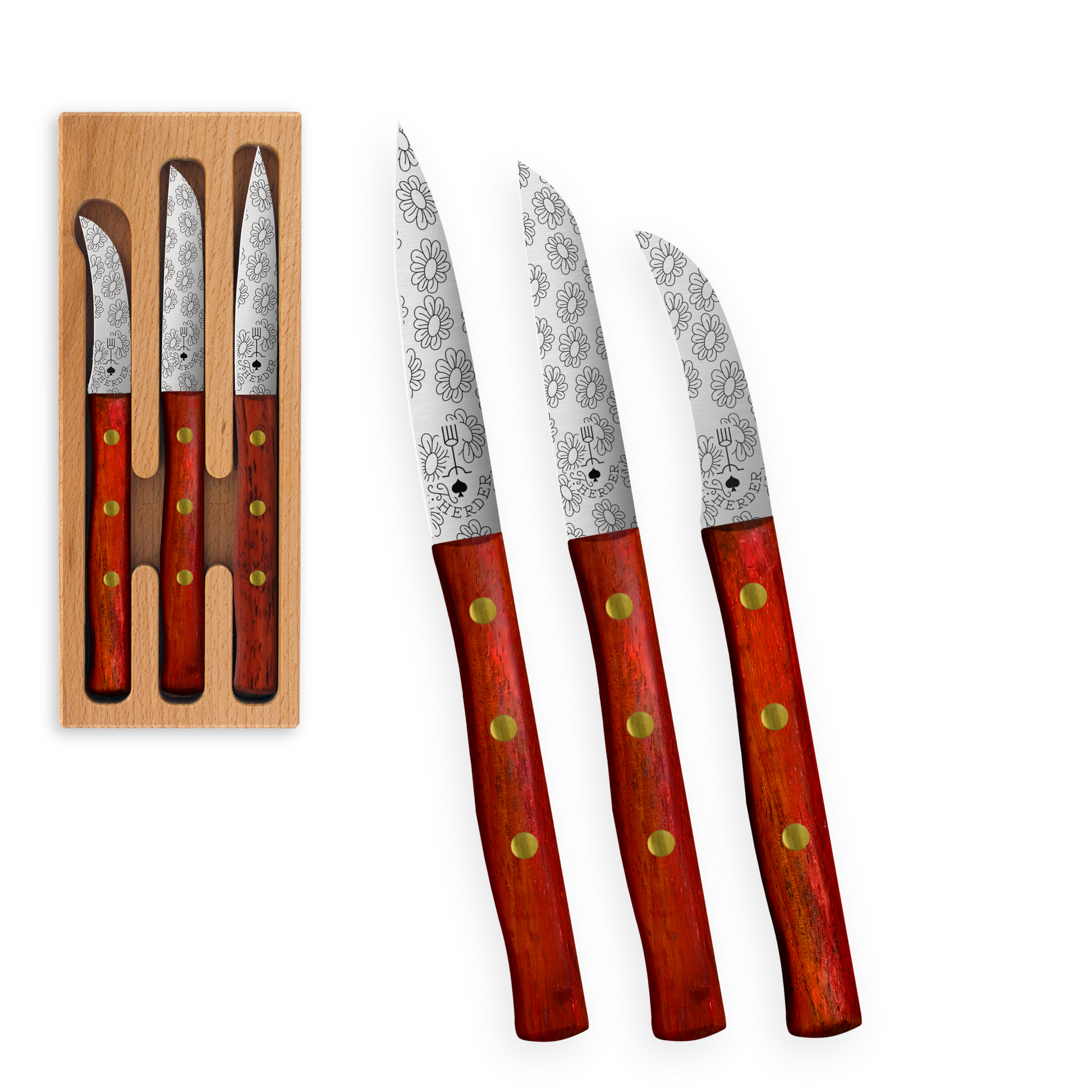 Zöppken Style 3er Set mit Padoukgriff, Blumengravur, rostfreie Klinge aus Solingen